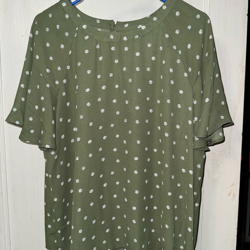 Sara Michelle Olive Green Polka Dot Flutter Sleeve Blouse